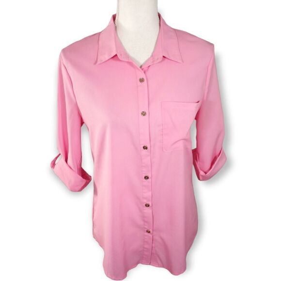 ROLYPOLY PINK CRISSCROSS BACK BUTTON DOWN BLOUSE SZ.M EUC - Picture 1 of 5